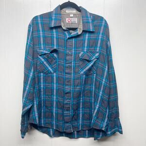 Sports Afield Men's Vintage Plaid Blue Button Front Shirt Size Large Flannel
